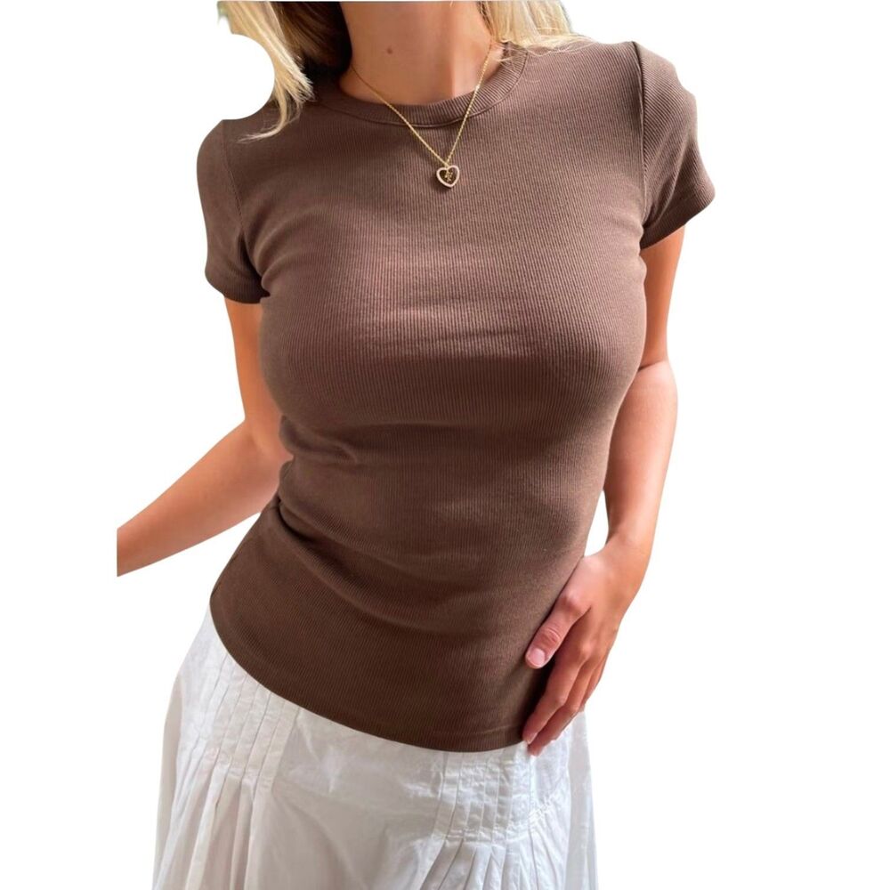 Djerf Avenue Sz S Brown Coco Slim Daily T-Shirt Ribbed Neutral Basics Clean Girl